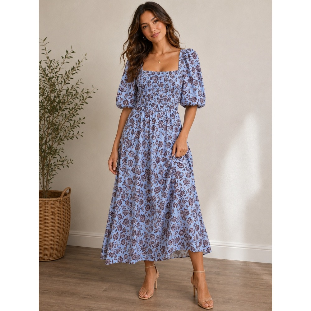 Madewell Sophee Midi Cottagecore Boho‎ Dress 10 Blue Floral Smocked Puff Sleeve